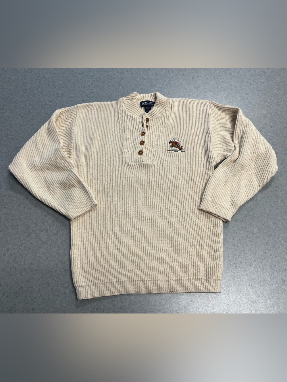Vintage Lands End Cream Henley Knit Sweater w/ Embroidered Horse Motif—Medium